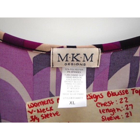 M.K .M Designs Womens Blouse Size XL 3/4 Sleeve V-Neck - Picture 3 of 6